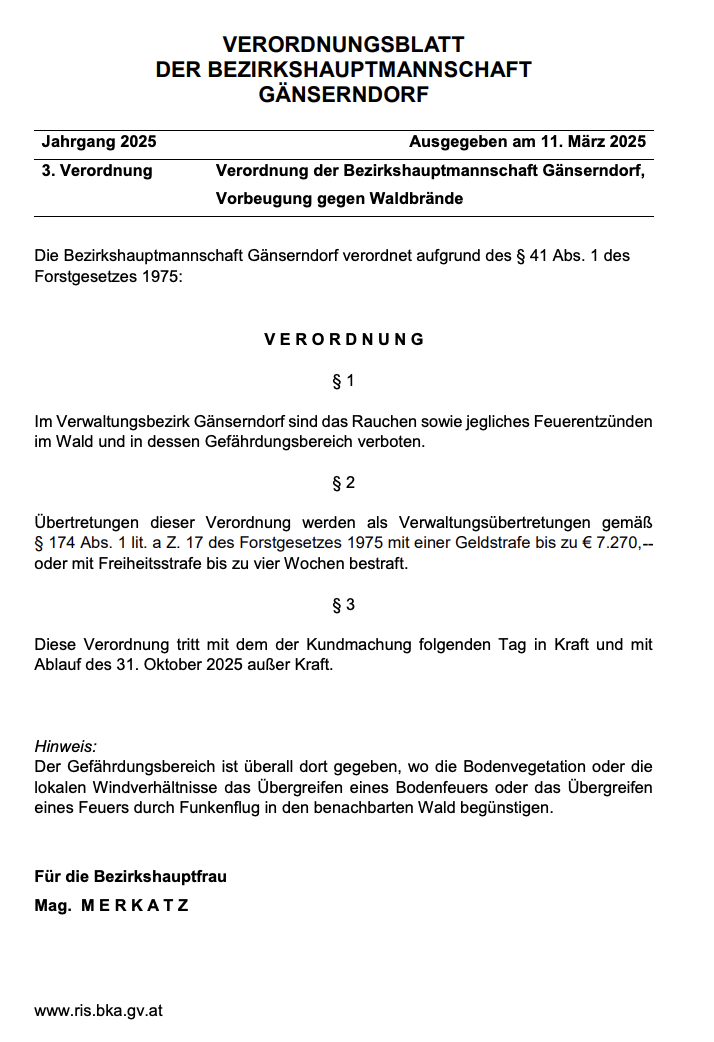 Verordnung Walbrandgefahr 2025